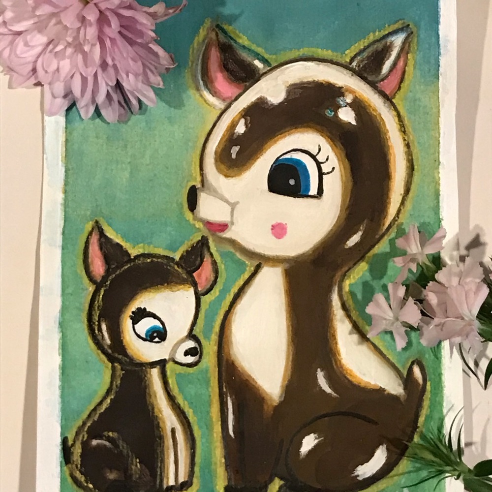 Original Painting watercolor Mommy and baby deer